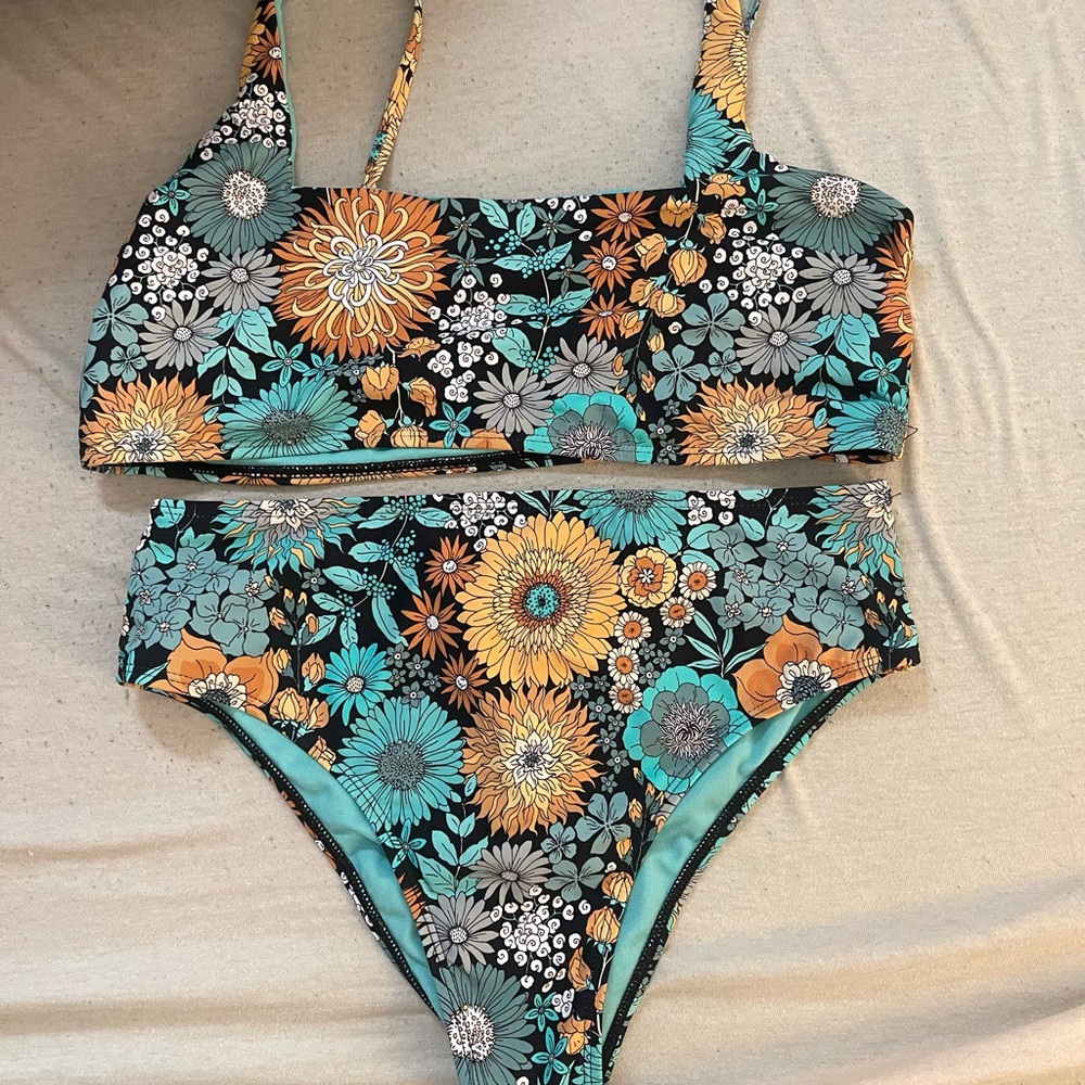 Floral Bikini Set with Orange and Teal Flowers